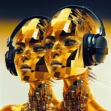 A portrait of a creative beauty wearing fancy headphones. A lover of fashionable music. Generative AI Artの素材