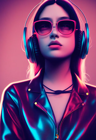 A portrait of a creative beauty wearing fancy headphones. A lover of fashionable music. Generative AI Artの素材