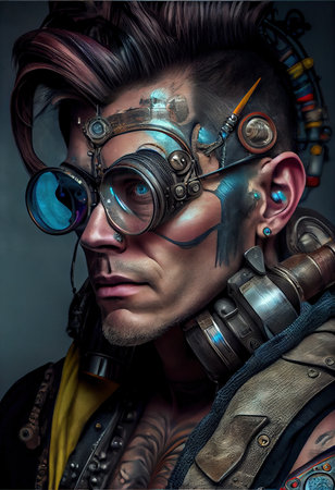 Portrait of a brutal punk. High-tech futuristic man from the future. The concept of virtual reality and steampunk. Generative AI Art.の素材