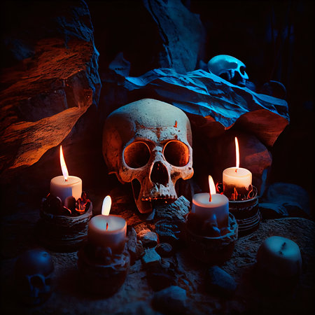 Creepy ancient cave with burning candles and skulls. An old abandoned grotto with bones. Generative AI Art.の素材