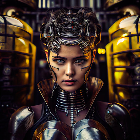 Portrait of a sci-fi cyberpunk girl. High-tech futuristic woman from the future. The concept of virtual reality and cyberpunk. Generative AI Art.の素材
