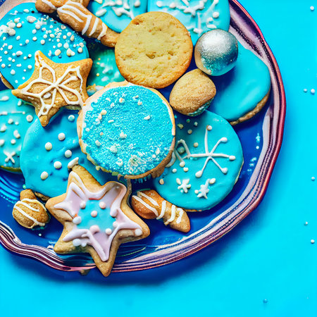 Delicious homemade Christmas cookies and other Christmas treats, close-up view. Generative AI Artの素材