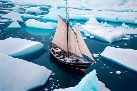 A yacht stranded in the Arctic ice. An ocean covered in ice. Generative AI Art.の素材