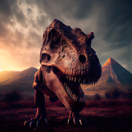 Tyrannosaurus Rex in the ancient prehistoric jungle. An ancient predatory dinosaur. Generative AI Artの素材