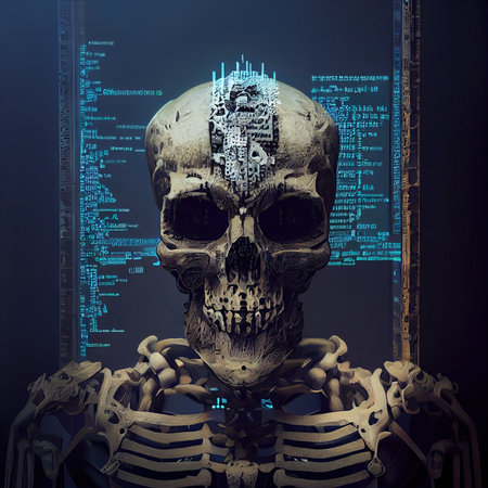 Portrait of a digital skull in the style of a sci-fi cyberpunk. The concept of hacking, virtual reality and cyberpunk. Generative AI Art.の素材
