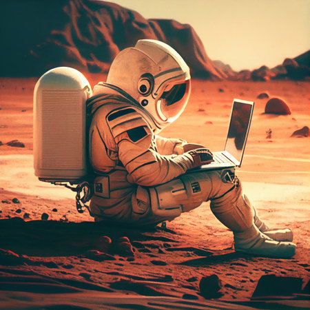A portrait of an astronaut in a spacesuit working on a laptop. A high-tech astronaut from the future. The concept of space travel. Generative AI Artの素材
