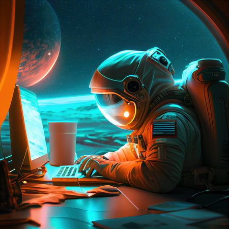 A portrait of an astronaut in a spacesuit working on a laptop. A high-tech astronaut from the future. The concept of space travel. Generative AI Artの素材