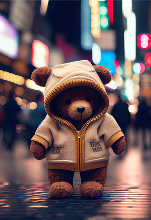 Fashion teddy bear against the backdrop of a modern city. Teddy bear in a jacket and cap. Generative AI Artの素材
