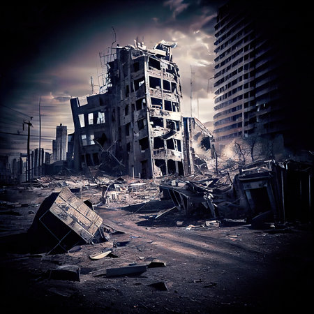 A post-apocalyptic ruined city. Destroyed buildings, destroyed roads, blown up skyscrapers. The concept of the apocalypse. Generative AI Artの素材
