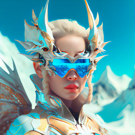Portrait of an ancient fantasy female warrior in ancient warriors armor with a fabulous fighting animal. The concept of the ancient brave warrior. Generative AI Art.の素材