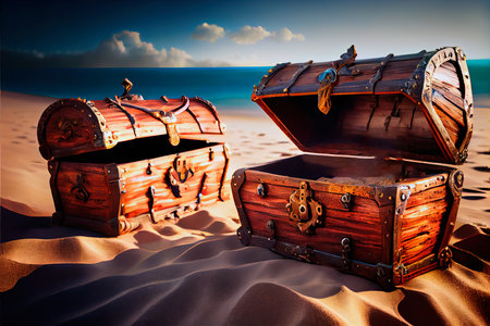 Pirate island and treasure chests. Sand, sea, sky, clouds, palm trees and clear day. Generative AI Artの素材
