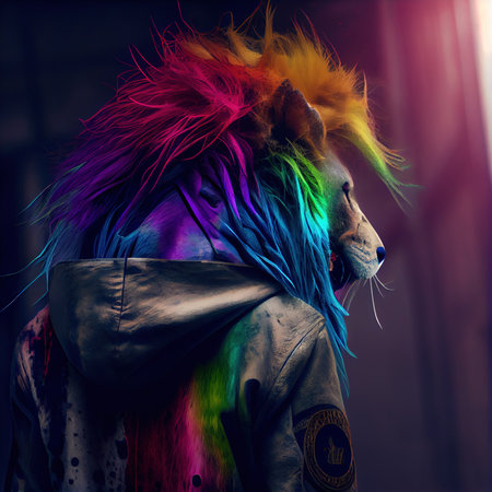 Portrait of a lion punk with colored hair. Hipster lion with punk hair. The concept of a animal punk. Generative AI Artの素材