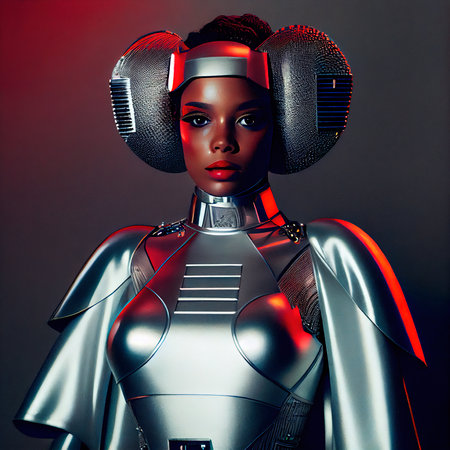 Portrait of a fantasy cyberpunk girl. High-tech futuristic woman from the future. The concept of virtual reality and cyberpunk. Generative AI Art.の素材