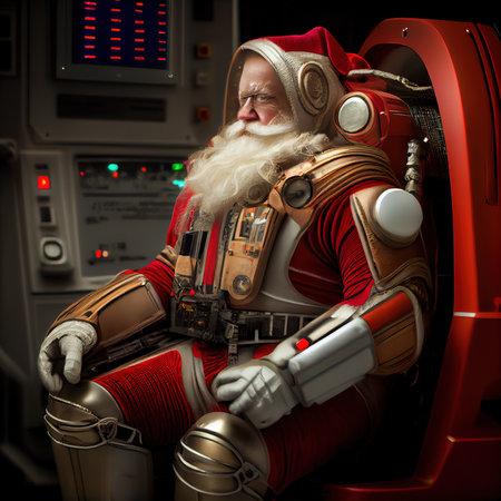 Old bearded Santa Claus in steampunk armor and with a gun. A winter holiday concept. Generative AI Artの素材