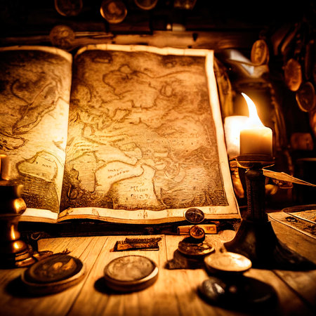 An ancient pirate map in the cabin of a pirate ship. Image of an ancient ancient pirate map. An ancient paper pirate scroll. Generative AI Artの素材
