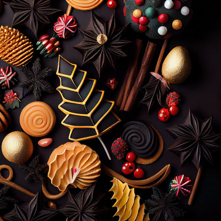 Delicious homemade Christmas cookies and other Christmas treats, close-up view. Generative AI Artの素材