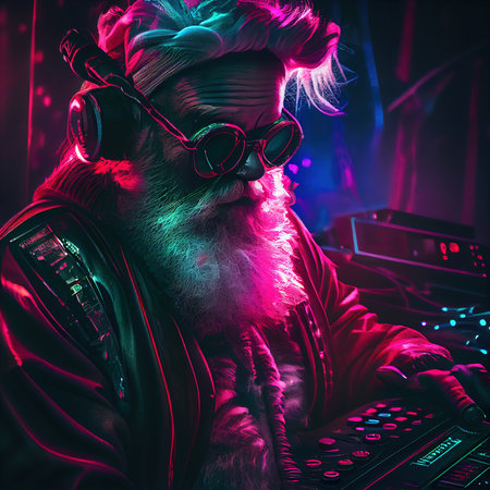 A quirky old bearded Santa Claus rockenroller. A winter holiday concept. Generative AI Artの素材