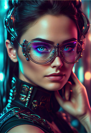 Portrait of a sci-fi cyberpunk girl. High-tech futuristic woman from the future. The concept of virtual reality and cyberpunk. Generative AI Art.の素材