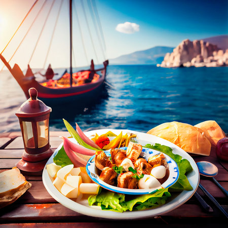 An assortment of Greek dishes with the sea and the sunny sky as a backdrop. Generative AI Artの素材