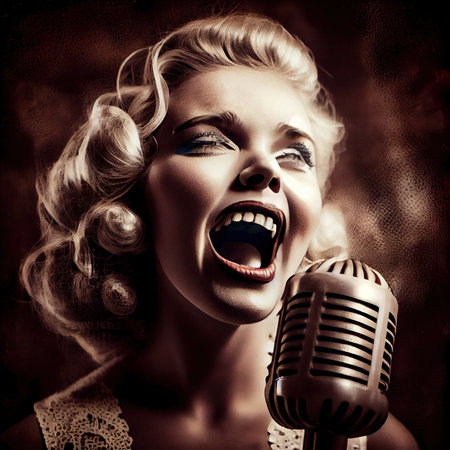 A glamorous, elegant woman with a vintage microphone, singing a song. Generative AI Artの素材