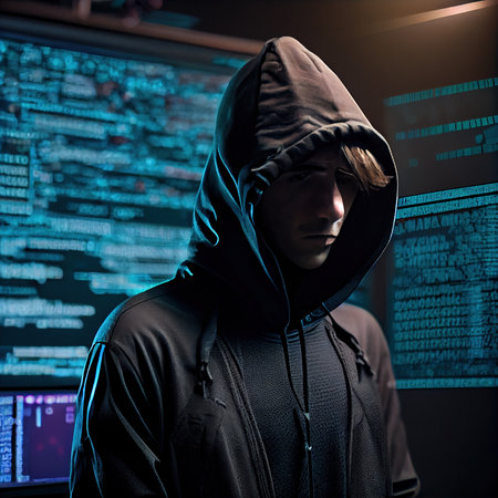 Portrait of a sci-fi cyberpunk hacker. High-tech futuristic man from the future. The concept of virtual reality and cyberpunk. Generative AI Art.の素材