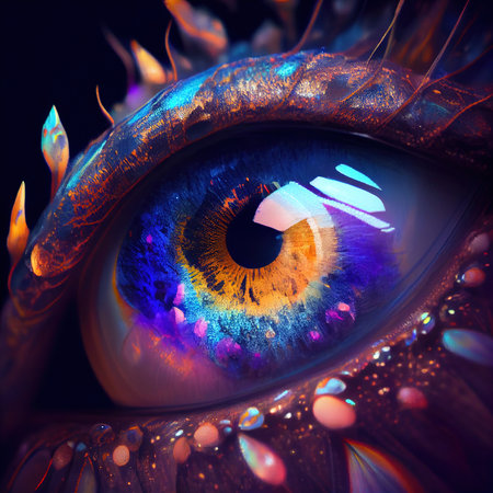 Fantasy alien eye with beautiful makeup close-up. The eye of a fashionable alien with bright colors. Generative AI Art.の素材