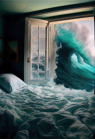 A bedroom with a seascape outside the window. Huge waves and a storm. Generative AI Art.の素材