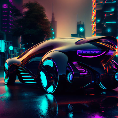 Image of a futuristic car against the backdrop of the city of the future. Concept of the car of the future. Generative AI Artの素材
