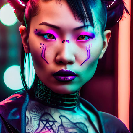 Portrait of a sci-fi cyberpunk girl. High-tech futuristic woman from the future. The concept of virtual reality and cyberpunk. Generative AI Art.の素材