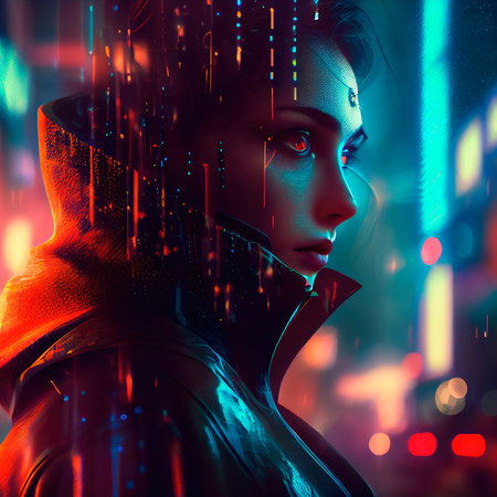 Portrait of a sci-fi cyberpunk girl. High-tech futuristic woman from the future. The concept of virtual reality and cyberpunk. Generative AI Art.の素材