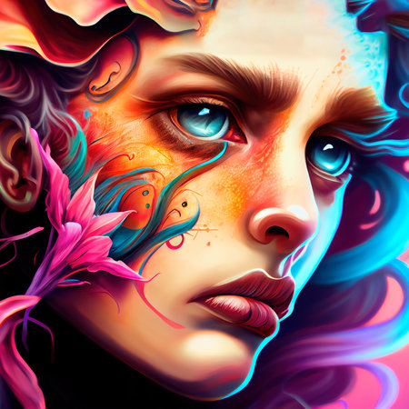 Abstract portrait of a beautiful fictional girl. Fashionable cute woman. Creative beautiful girl. Generative AI Artの素材