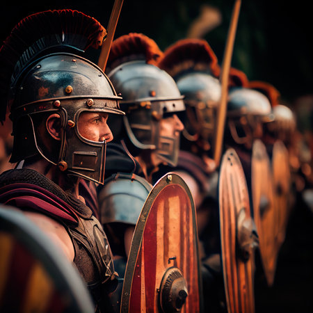 The Roman ancient army is preparing for battle. A formation of Roman ancient soldiers. Generative AI Art.の素材