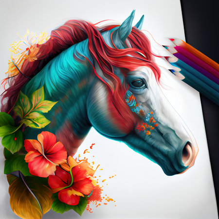 The artist draws a horse. A top view of the artists workstation with samples of drawings and pencils. Artist at work. Generative AI Art.の素材