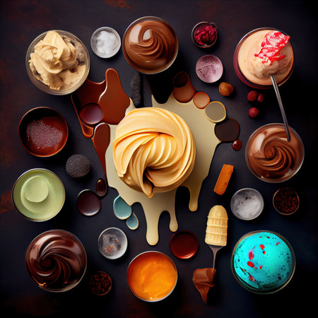 Delicious ice cream in a bowl. An explosion of flavor. Ice cream of different varieties. Generative AI Art.の素材