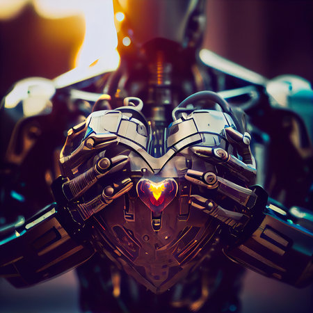 Portrait of a futuristic robot with a mechanical heart in his hands. An artistic abstract cyberpunk fantasy. The concept of the modern robot. Generative AI Artの素材