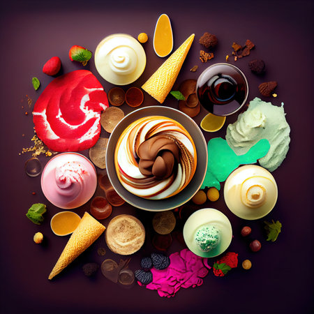 Delicious ice cream in a bowl. An explosion of flavor. Ice cream of different varieties. Generative AI Art.の素材