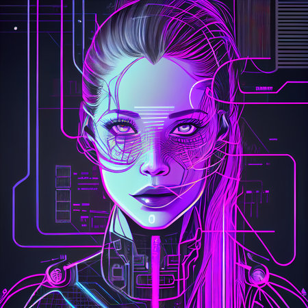 Portrait of a sci-fi cyberpunk girl. High-tech futuristic woman from the future. The concept of virtual reality and cyberpunk. Generative AI Art.の素材