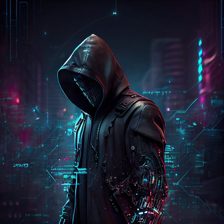 Portrait of a sci-fi cyberpunk hacker. High-tech futuristic man from the future. The concept of virtual reality and cyberpunk. Generative AI Art.の素材