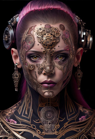 Portrait of a sci-fi cyberpunk warrior. High-tech futuristic man from the future. The concept of virtual reality and cyberpunk. Generative AI Art.の素材