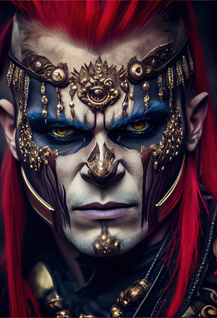 Portrait of a brutal punk. High-tech futuristic man from the future. The concept of virtual reality and steampunk. Generative AI Art.の素材