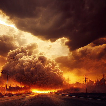 A post-apocalyptic ruined city. Destroyed buildings, destroyed roads, blown up skyscrapers. The concept of the apocalypse. Generative AI Artの素材