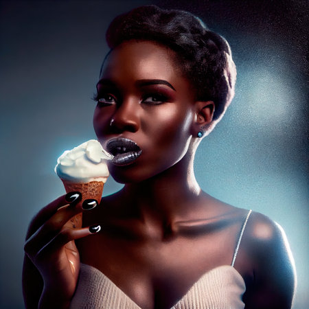 An abstract portrait of a beautiful fictional girl with a ice cream. A fashionable pretty woman. Creative pretty girl. Generative AI Art.の素材