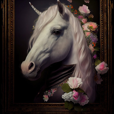 Mystical unicorn with a beautiful mane and flowers. A magical fairy tale horse. Generative AI Artの素材