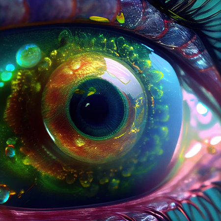 Fantasy alien eye with beautiful makeup close-up. The eye of a fashionable alien with bright colors. Generative AI Art.の素材