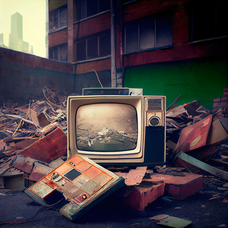 An old TV lying on the ruins of a house. A post-apocalyptic ruined city. Destroyed buildings, mountains of rubble and debris. The concept of the apocalypse. Generative AI Artの素材