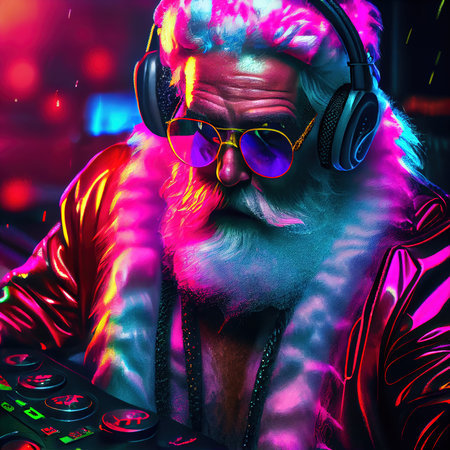 A quirky old bearded Santa Claus rockenroller. A winter holiday concept. Generative AI Artの素材