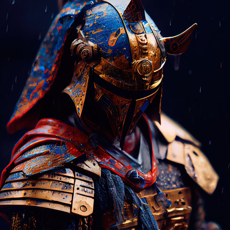 Portrait of an ancient male warrior in ancient warrior armor. The concept of an ancient brave warrior. Generative AI Art.の素材