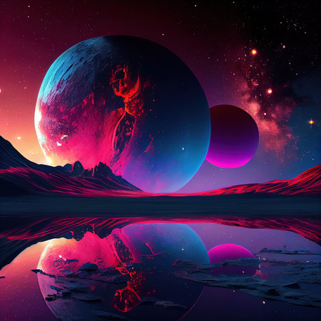 A deserted abstract colorful alien landscape. Alien planets during sunrise. A beautiful landscape on another planet. Generative AI Art.の素材