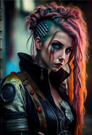 Portrait of a sci-fi cyberpunk girl. High-tech futuristic woman from the future. The concept of virtual reality and cyberpunk. Generative AI Art.の素材