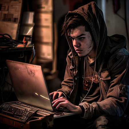 Portrait of a sci-fi cyberpunk hacker. High-tech futuristic man from the future. The concept of virtual reality and cyberpunk. Generative AI Art.の素材